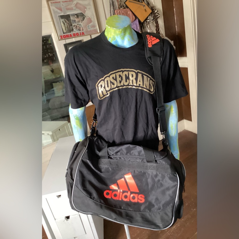 Adidas Black Duffel Bag with orange letters